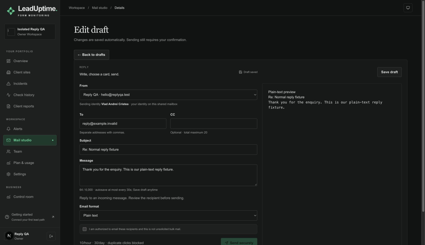 Interne Mail-Antwort als Klartext im LeadUptime-Test-Workspace mit ausdrücklich synthetischen Daten