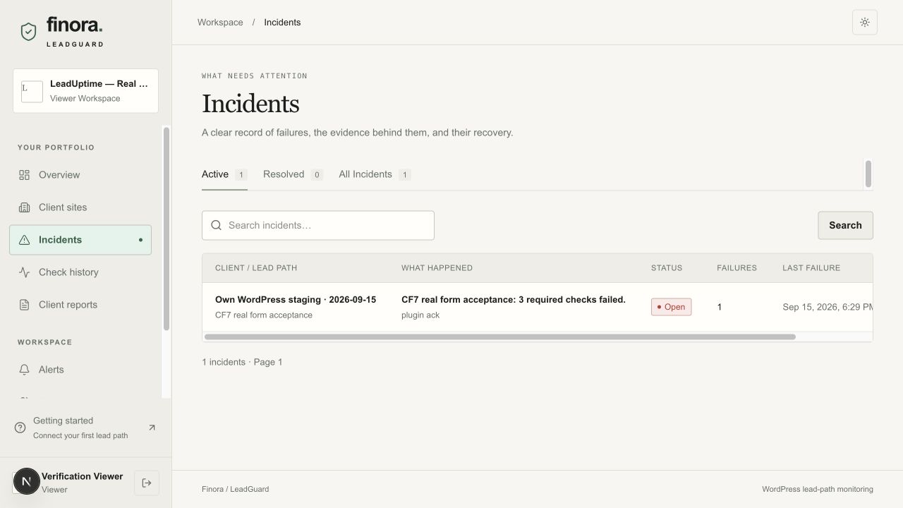 Historical test interface showing an open Contact Form 7 incident after an intentional SMTP fault